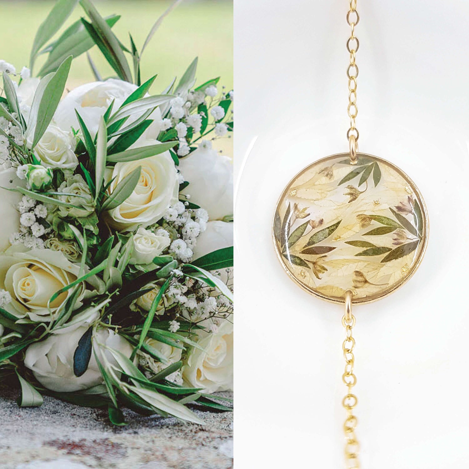 Bracelets de mariage en résine et fleurs - Upcycling bouquet de mariage