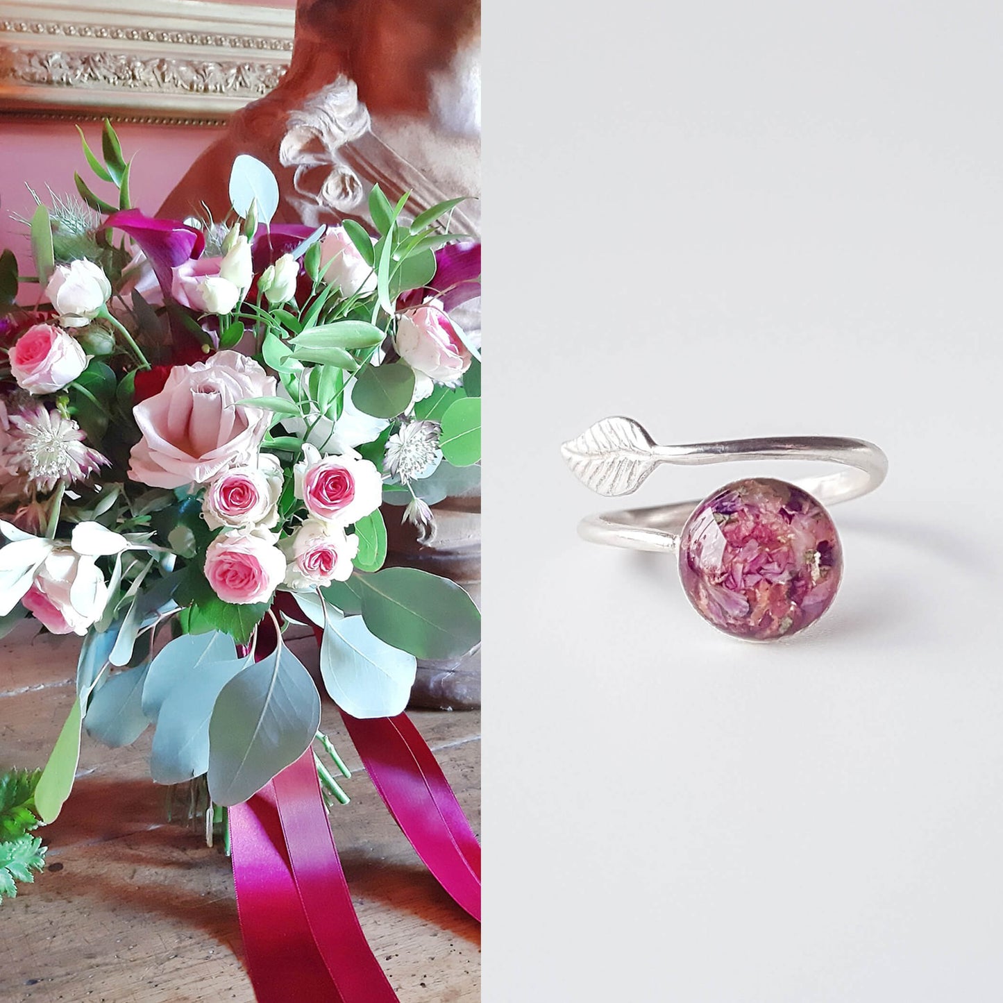 SAMEEN - Bague de mariage serti ROND 8mm avec petite FEUILLE ajustable.