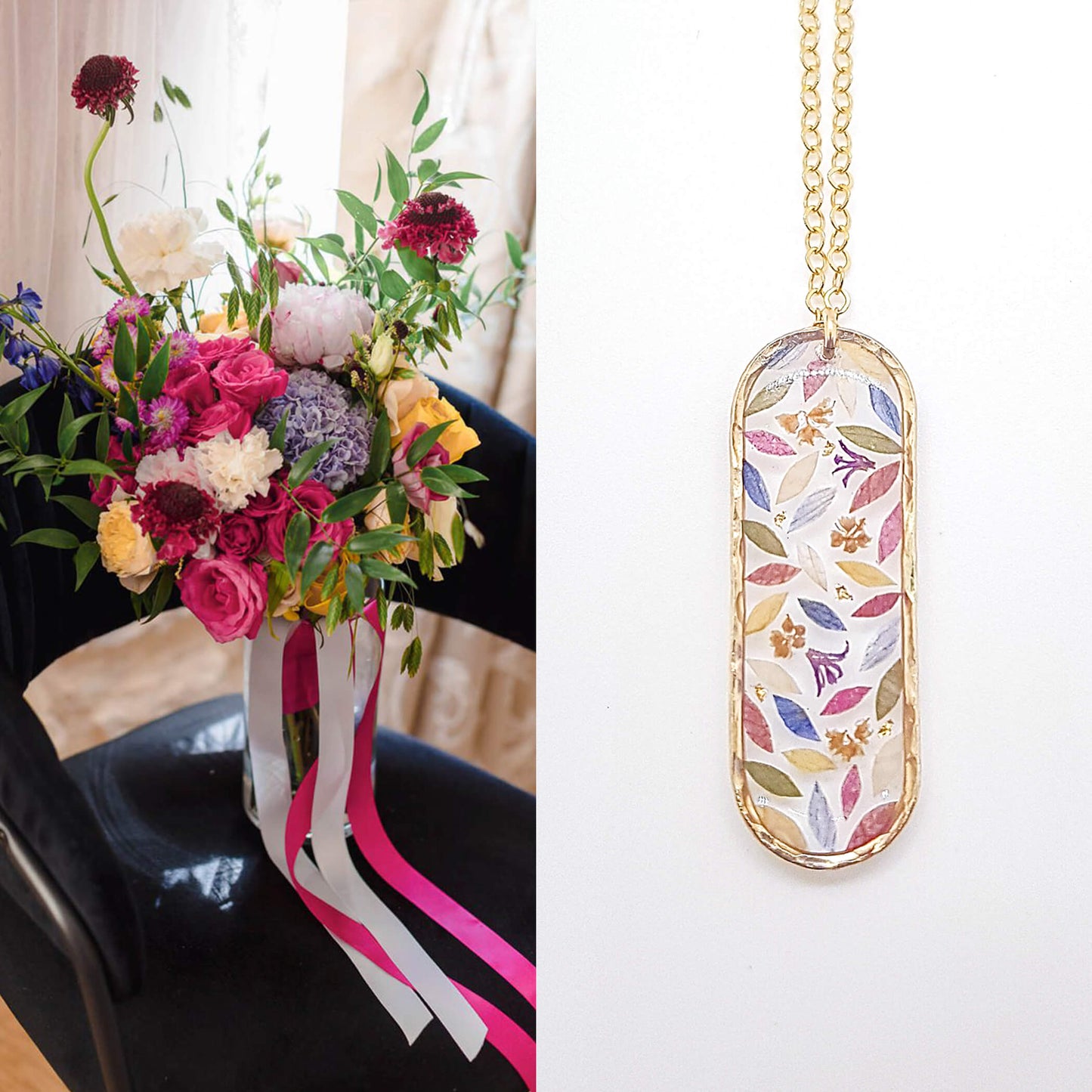 MAGGIE - Collier de mariage plat cerclé RECTANGLE OVALE martelé OR et ARGENT